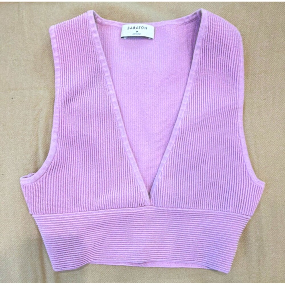 Babaton Purple Ribbed Knit V-Neck Sleeveless Cropped Pullover Top Women M